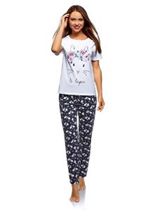 oodji Ultra Damen Baumwoll-Schlafanzug mit Pyjama-Hose