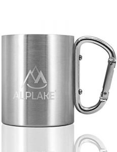 ALPLAKE® Doppelwandige Edelstahl-Tasse, Metall-Becher, Karabiner-Griff, 250 ml